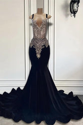 Black Sleeveless Square Mermaid Prom Dresses with Crystal Beadings